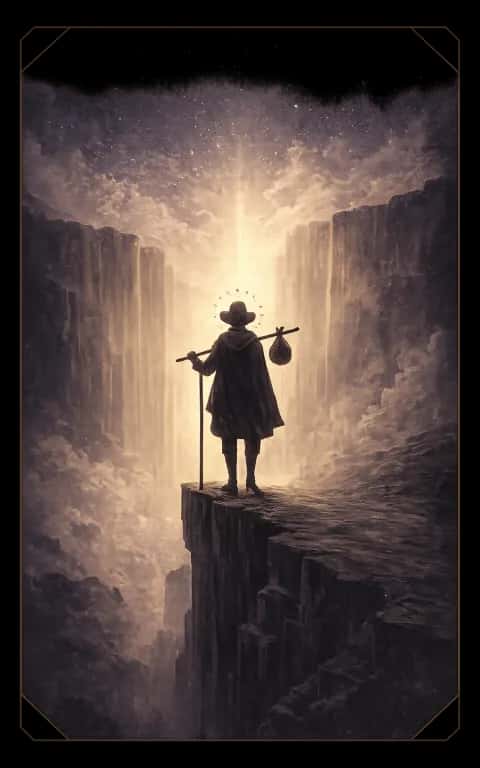 The Fool tarot card illustration featuring solitary traveler at a threshold, small satchel, cliff edge in a lightest and most open of the deck, optimistic but not naive ceremonial composition.