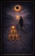 Eight of Cups tarot card illustration featuring stacked cups left behind, moonlit path, retreating cloaked figure in a departure, seeking deeper meaning, chosen leaving ceremonial composition.