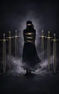 Eight of Swords tarot card illustration featuring blindfolded figure, ring of swords, loose bindings in a restriction, trapped mind, self-imposed limits ceremonial composition.