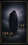Five of Cups tarot card illustration featuring three spilled cups, two upright cups, dark cloak in a grief, loss, mourning, what remains unseen ceremonial composition.
