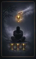 Four of Cups tarot card illustration featuring seated figure with folded posture, three grounded cups, one offered cup in a withdrawal, apathy, offered possibility ceremonial composition.