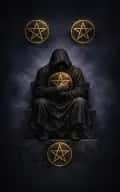 Four of Pentacles tarot card illustration featuring seated figure clutching pentacles, city in distance, square geometry in a holding, security, control, guarded resources ceremonial composition.