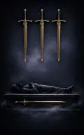 Four of Swords tarot card illustration featuring recumbent effigy or figure, three hanging swords, one grounded sword in a rest, recovery, strategic stillness ceremonial composition.