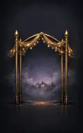 Four of Wands tarot card illustration featuring four garlanded wands, ritual arch, festive lights in a celebration, milestone, homecoming ceremonial composition.
