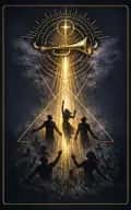Judgement tarot card illustration featuring trumpet, resurrecting figures, oceanic horizon in a solemn, awakening, expansive, decisive ceremonial composition.
