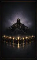 Nine of Cups tarot card illustration featuring nine arranged cups, seated host figure, curtain backdrop in a contentment, fulfilled wish, private satisfaction ceremonial composition.