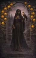 Nine of Pentacles tarot card illustration featuring walled garden, falcon, grapevine in a earned abundance, cultivated independence, self-sufficiency ceremonial composition.