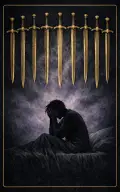 Nine of Swords tarot card illustration featuring waking figure in bed, nine swords overhead, dark quilt patterns in a anxiety, night fear, intrusive thought ceremonial composition.