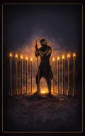 Nine of Wands tarot card illustration featuring guarded figure, bandaged head, nine standing wands in a resilience, vigilance, final endurance ceremonial composition.