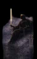 Queen of Swords tarot card illustration featuring throne in clouds, upright sword, open left hand in a discernment, direct truth, intelligent distance ceremonial composition.