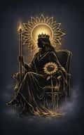 Queen of Wands tarot card illustration featuring sunflower, black cat, throne in a charisma, warm command, magnetic confidence ceremonial composition.