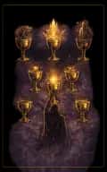 Seven of Cups tarot card illustration featuring seven floating cups, jewels, serpent in a fantasy, illusion, overwhelming options ceremonial composition.