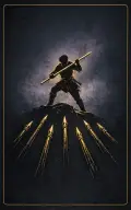 Seven of Wands tarot card illustration featuring raised staff, six opposing wands below, elevated ledge in a defense, pressure, high ground ceremonial composition.