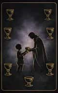 Six of Cups tarot card illustration featuring two figures, flower-filled cups, courtyard in a nostalgia, memory, innocence returned ceremonial composition.