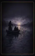 Six of Swords tarot card illustration featuring boat, hooded passengers, six upright swords in a transition, passage, leaving difficulty behind ceremonial composition.