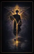 Temperance tarot card illustration featuring two chalices pouring, one foot in water, one foot on land in a healing, fluid, patient, harmonious ceremonial composition.