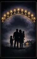 Ten of Cups tarot card illustration featuring rainbow arc of cups, family group or shared silhouettes, home landscape in a lasting joy, belonging, shared emotional home ceremonial composition.