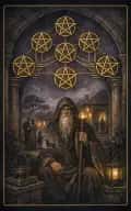 Ten of Pentacles tarot card illustration featuring archway of ten pentacles, elder and family group, courtyard dogs in a legacy, inheritance, multigenerational stability ceremonial composition.