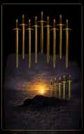 Ten of Swords tarot card illustration featuring prone figure, ten swords, rising dawn in a final ending, collapse, dawn beyond pain ceremonial composition.