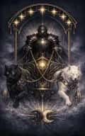 The Chariot tarot card illustration featuring ritual chariot, paired opposing forces, armor in a driven, dignified, kinetic but controlled ceremonial composition.