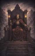 The Emperor tarot card illustration featuring stone throne, ram motifs, mountain geometry in a commanding, stable, architectural, controlled ceremonial composition.
