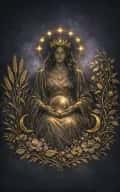 The Empress tarot card illustration featuring lush garden forms, wheat or vines, crown of stars in a warm, living, full, nurturing, serene ceremonial composition.