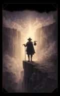 The Fool tarot card illustration featuring solitary traveler at a threshold, small satchel, cliff edge in a lightest and most open of the deck, optimistic but not naive ceremonial composition.