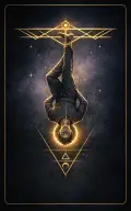 The Hanged Man tarot card illustration featuring upside-down suspended figure, halo around head, tree beam in a paused, contemplative, altered, luminous ceremonial composition.