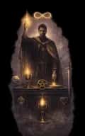 The Magician tarot card illustration featuring one raised hand and one grounded hand, wand, cup in a charged, intelligent, precise, electric without chaos ceremonial composition.