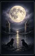 The Moon tarot card illustration featuring crescent and full moon glow, path between towers, dog and wolf in a dreamlike, eerie, humid, uncertain ceremonial composition.