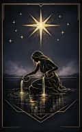 The Star tarot card illustration featuring large guiding star, seven smaller stars, pouring vessels in a open, healing, quiet, clean ceremonial composition.