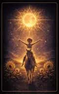 The Sun tarot card illustration featuring sun disk, sunflowers, white horse in a bright, clean, confident, life-giving ceremonial composition.
