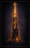The Tower tarot card illustration featuring struck tower, lightning, falling crown in a violent, awakening, unstable, undeniable ceremonial composition.