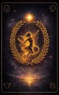 The World tarot card illustration featuring laurel wreath, central dancer or sacred form, four guardians in a fulfilled, balanced, celebratory, complete ceremonial composition.