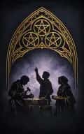 Three of Pentacles tarot card illustration featuring cathedral arch, three pentacles, artisan tools in a craftsmanship, teamwork, apprenticeship ceremonial composition.