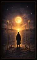 Three of Wands tarot card illustration featuring three upright wands, ships or sails, shoreline in a expansion, waiting for return, ships launched ceremonial composition.