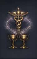 Two of Cups tarot card illustration featuring paired cups, caduceus motif, lion-wing crest in a mutuality, attraction, mirrored exchange ceremonial composition.
