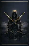 Two of Swords tarot card illustration featuring blindfolded seated figure, crossed swords, moonlit water in a stalemate, refusal to decide, guarded balance ceremonial composition.