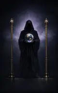 Two of Wands tarot card illustration featuring figure or hands holding a globe, paired wands, distant horizon in a vision, planning, the held world ceremonial composition.