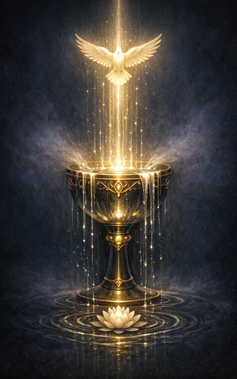 Ace of Cups tarot card illustration featuring single chalice, water stream, dove or descending light in a opening heart, emotional blessing, sacred overflow ceremonial composition.
