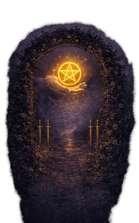 Ace of Pentacles tarot card illustration featuring single pentacle offered by a hand, garden arch, mountain path in a material beginning, grounded opportunity, prosperity seed ceremonial composition.