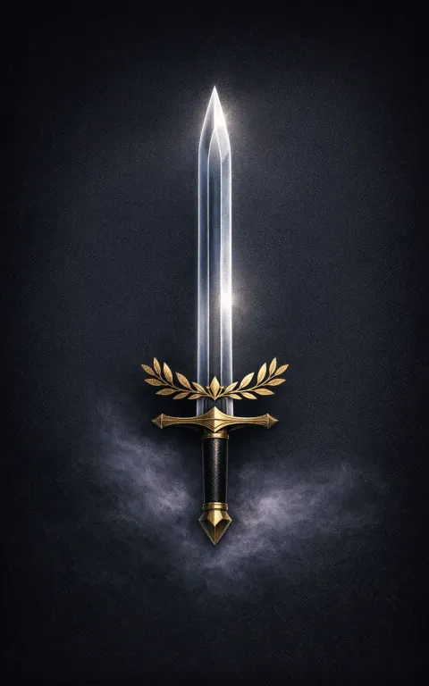Ace of Swords tarot card illustration featuring upright sword, crown, clouds parted in a breakthrough clarity, truth, mental precision ceremonial composition.