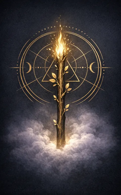 Ace of Wands tarot card illustration featuring single wand with green shoot, ember halo, open sky in a ignition, raw potential, first spark ceremonial composition.