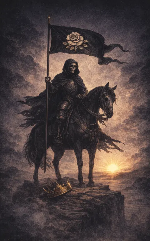 Death tarot card illustration featuring dark rider or skeletal emblem, white rose banner, fallen crown in a grave, elegant, final, regenerative ceremonial composition.