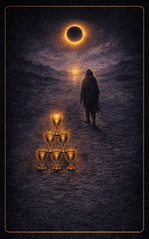 Eight of Cups tarot card illustration featuring stacked cups left behind, moonlit path, retreating cloaked figure in a departure, seeking deeper meaning, chosen leaving ceremonial composition.