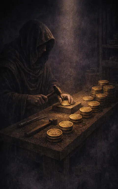 Eight of Pentacles tarot card illustration featuring artisan bench, hammer tools, stacked pentacles in a craft, diligence, repetition, mastery through work ceremonial composition.