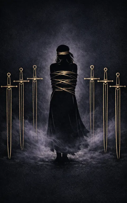 Eight of Swords tarot card illustration featuring blindfolded figure, ring of swords, loose bindings in a restriction, trapped mind, self-imposed limits ceremonial composition.