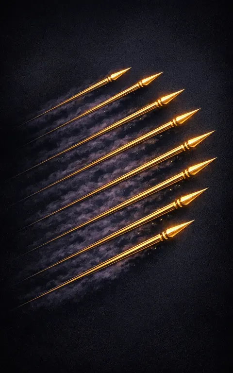 Eight of Wands tarot card illustration featuring eight flying wands, motion streaks, clear sky in a speed, direct momentum, opening window ceremonial composition.