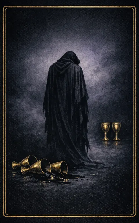 Five of Cups tarot card illustration featuring three spilled cups, two upright cups, dark cloak in a grief, loss, mourning, what remains unseen ceremonial composition.