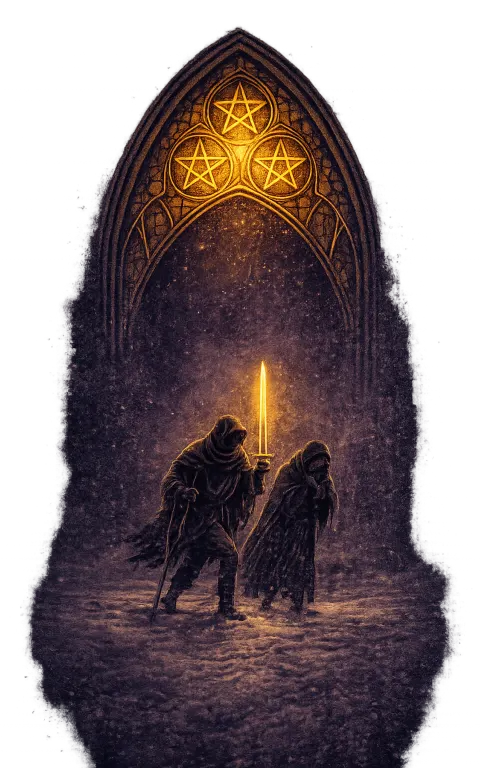 Five of Pentacles tarot card illustration featuring snow, stained-glass window, two poor travelers in a hardship, exclusion, winter scarcity ceremonial composition.